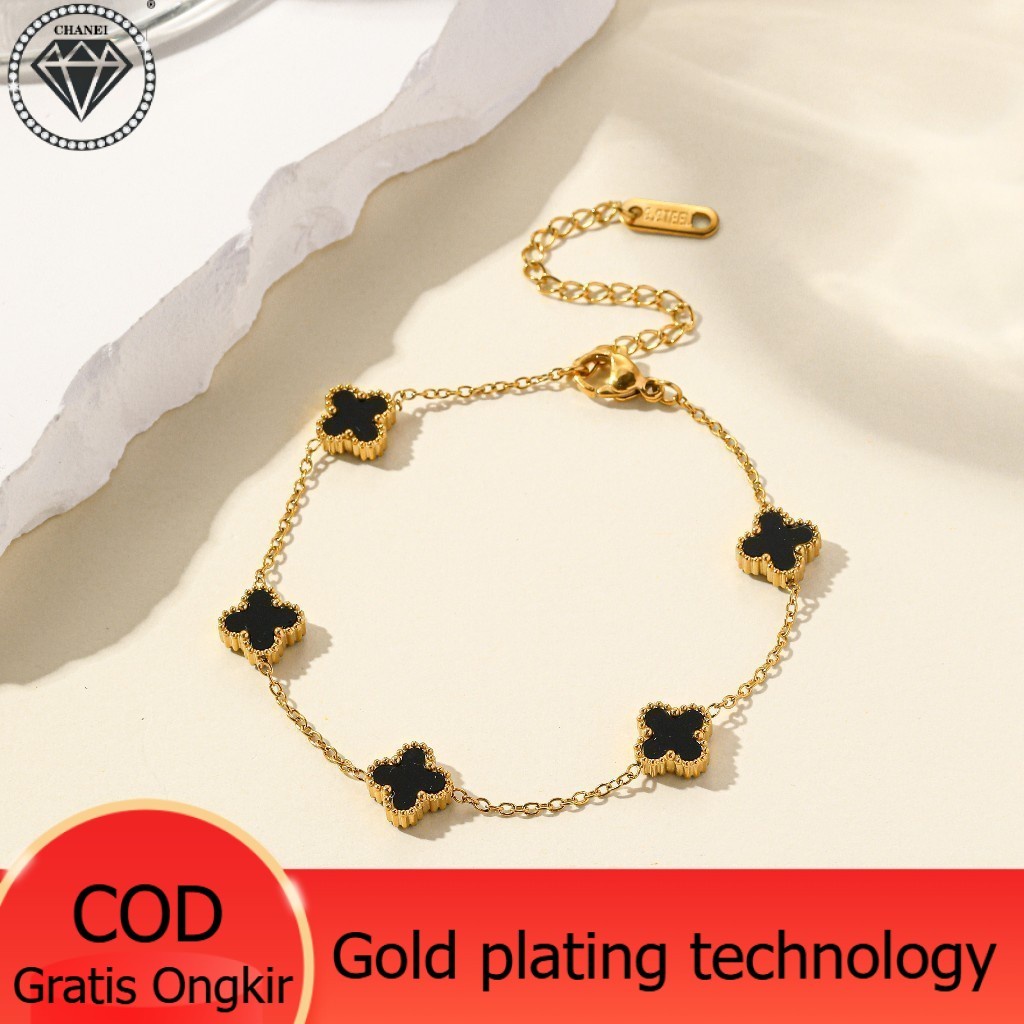 Gold Plated 24K Gelang Rantai Tangan Mata Hitam Baris Lima Clover Titanium Fashion Wanita Korea Dw05