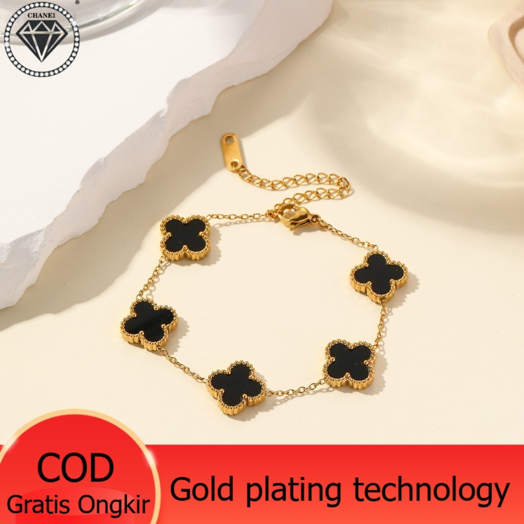 Gold Plated 24K Gelang Rantai Tangan Mata Hitam Baris Lima Clover Titanium Fashion Wanita korea Dw05
