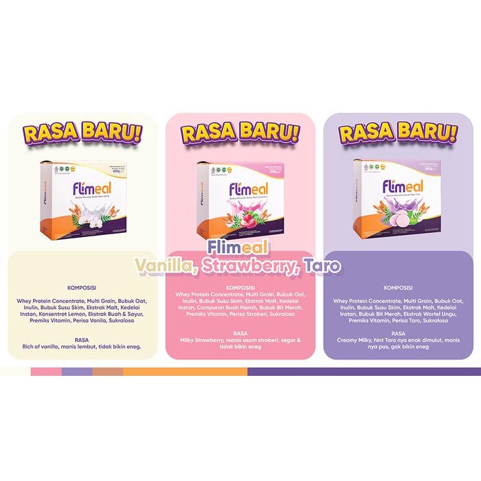 

Terlaris- Flimeal Sereal 1 Box Isi 12 Sachet Vanilla Strawberry Taro By Flimty