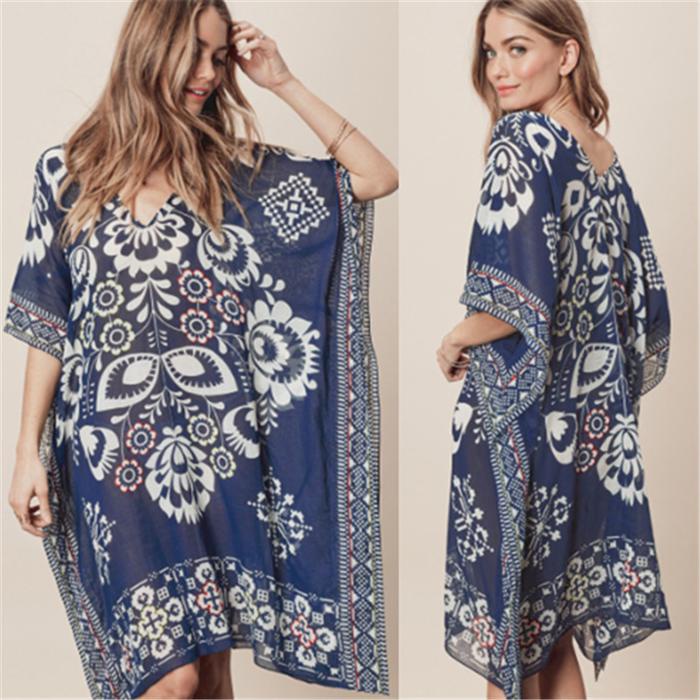 Blue Bohemian Chiffon Bikini Outer Wanita / Mini Dress Cover Up Bikini Harga Promo