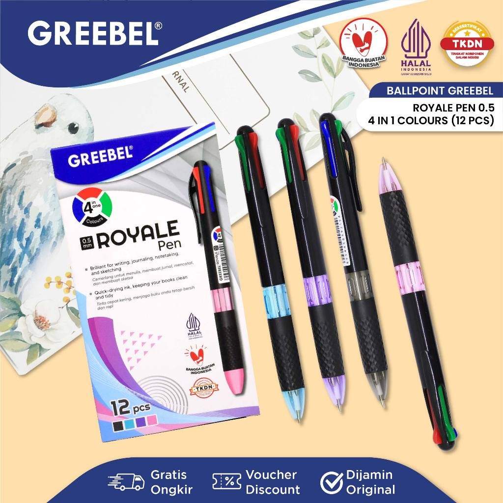 

GREEBEL Pulpen / Ballpoint Greebel 4 Warna / Royale 4 Warna 0.5 12Pcs/Set