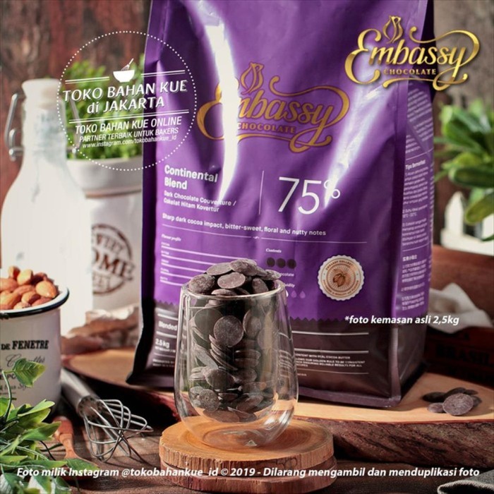 

BisaInstan- Embassy Chocolate - Continental 75% 100g Dark Couverture Cokelat Tulip