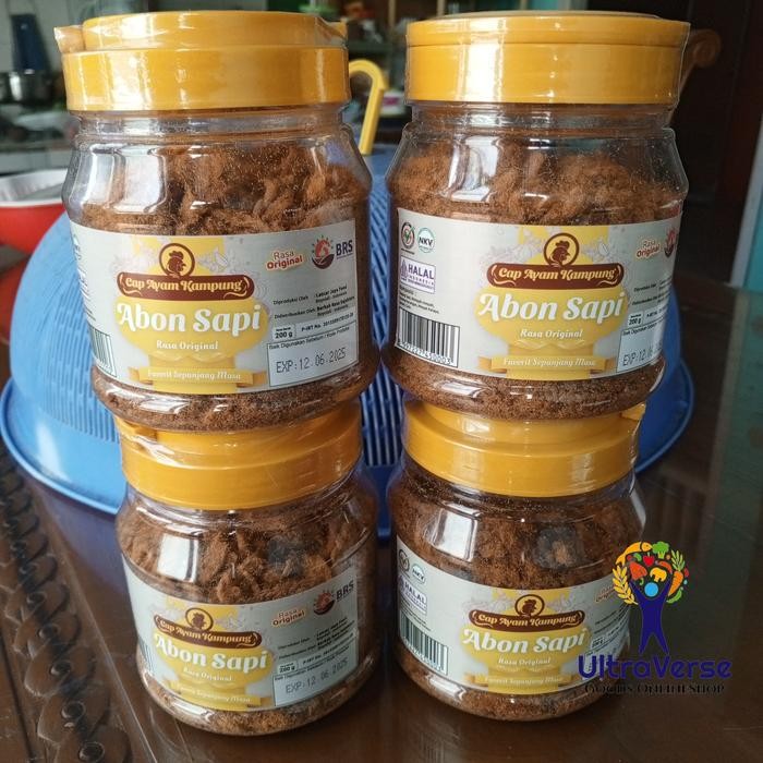 

NewZbgt- Abon Sapi cap Ayam Kampung toples 200 gr / original & pedas HALAL