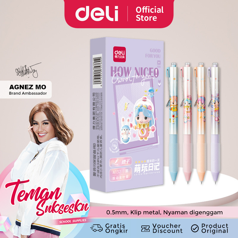 

Deli Gel Pen / Pulpen Gel Kartun 0.5mm Tinta Hitam A132 4/8/12 pcs