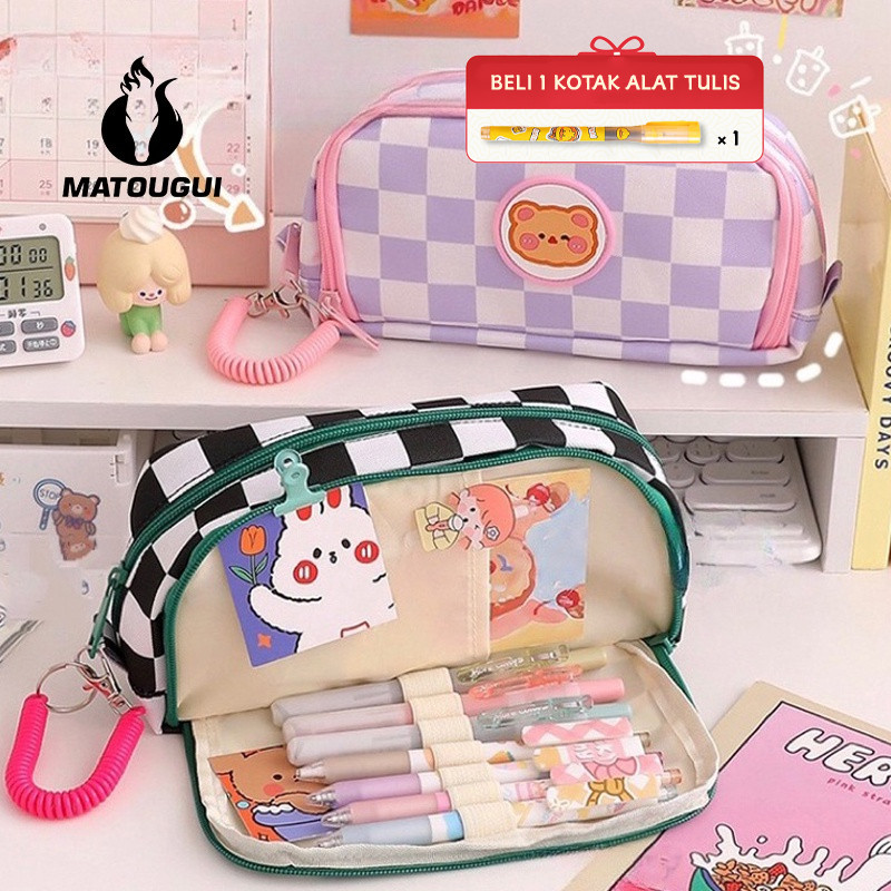 

MATOUGUI - Kartun Beruang Pensil Sleting Korea Aesthetic Lucu Import / Pencil case/Premium/Plaid /