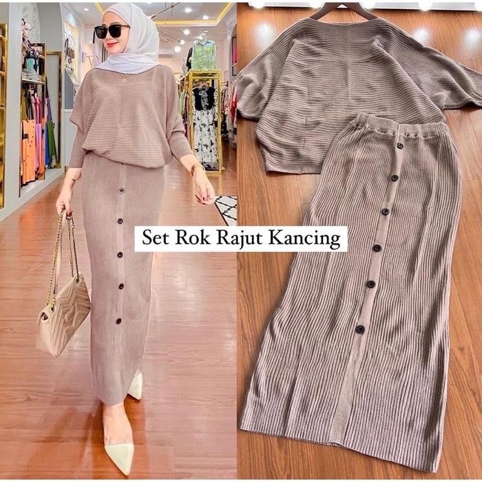 Hijara- One Set Setelan Wanita Rok Kancing Dan Atasan Blouse Batwing Rajut Fit To XL Cantik Lembut