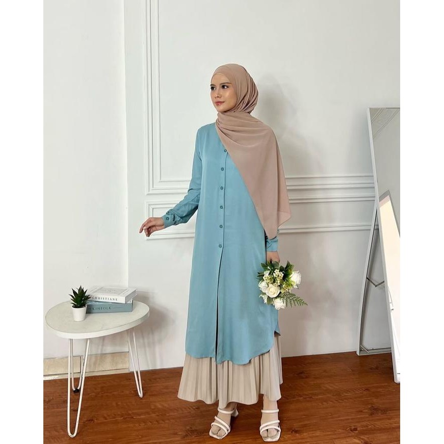 Syamira- Elmiza - Ciara Tunik Bahan Premium Rayon Twill Long Tunik Daily Kantor Kuliah Full Kancing