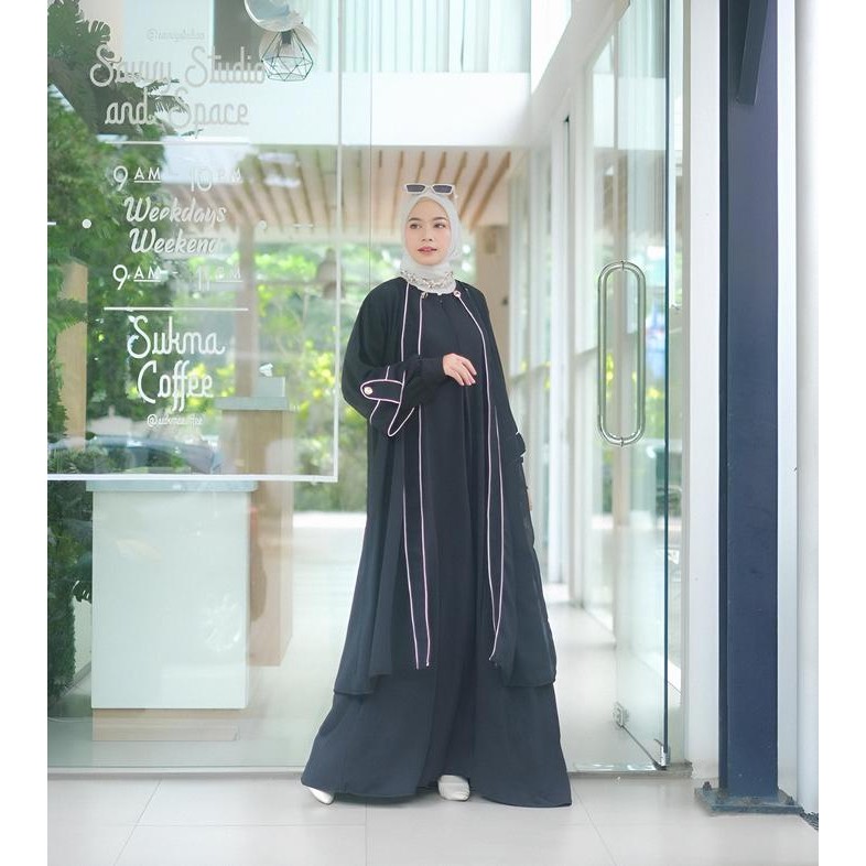 Busanae- Gamis abaya Wanita Muslim - Lori Abaya - Abaya Turki Mewah Hitam Putih - Outer + Abaya