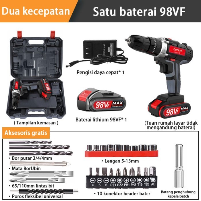 Bonkyo 198vf Bor Mesin Elektrik Drill 10mm Set Reversible Mesin Bor Ta
