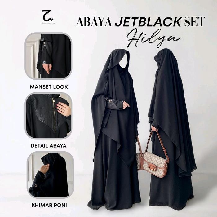 Layali- Hasna Moslem Abaya JETBLACK Set Hilya French Khimar Instan Poni Model Lancip Manset Embos