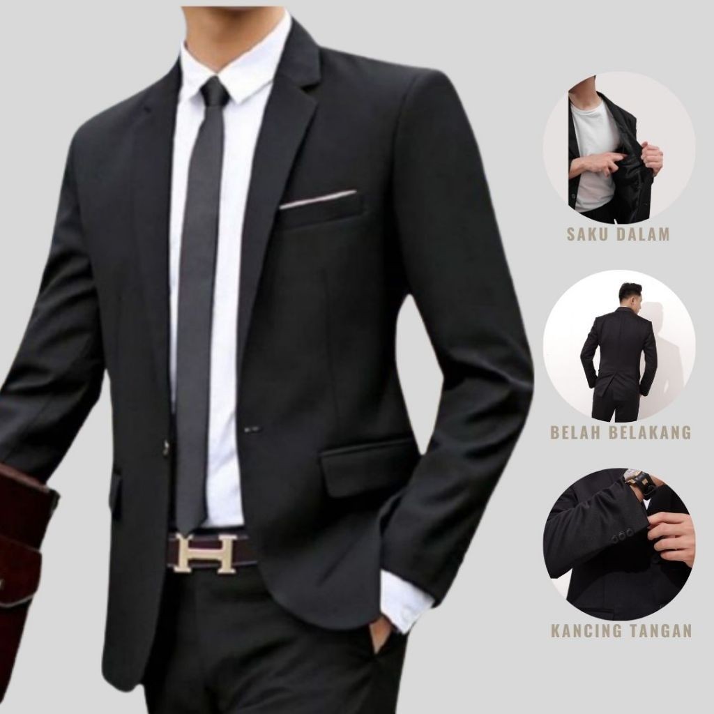 Jas hitam pria wisuda bahan valencia twist Blazer pria korea model slimfit untuk nikah kondangan