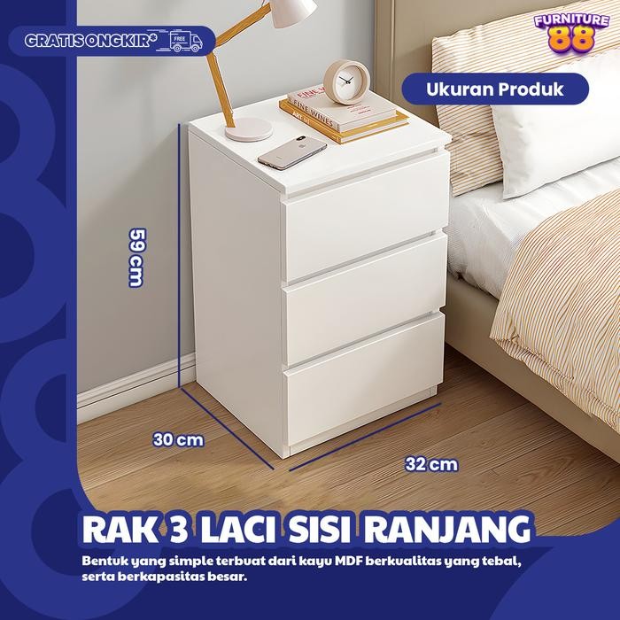 Furniture88 - Meja Nakas Sisi Ranjang Warna Putih 3 Laci Rak Nakas Dengan 3 Laci Rak Samping Tempat