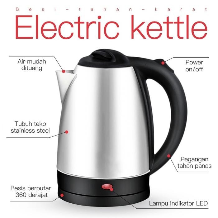 Teko Listrik Stainless Steel 2.0L Electric Kettle Pemanas Air Electric Kettle Besar Otomatis Minuman