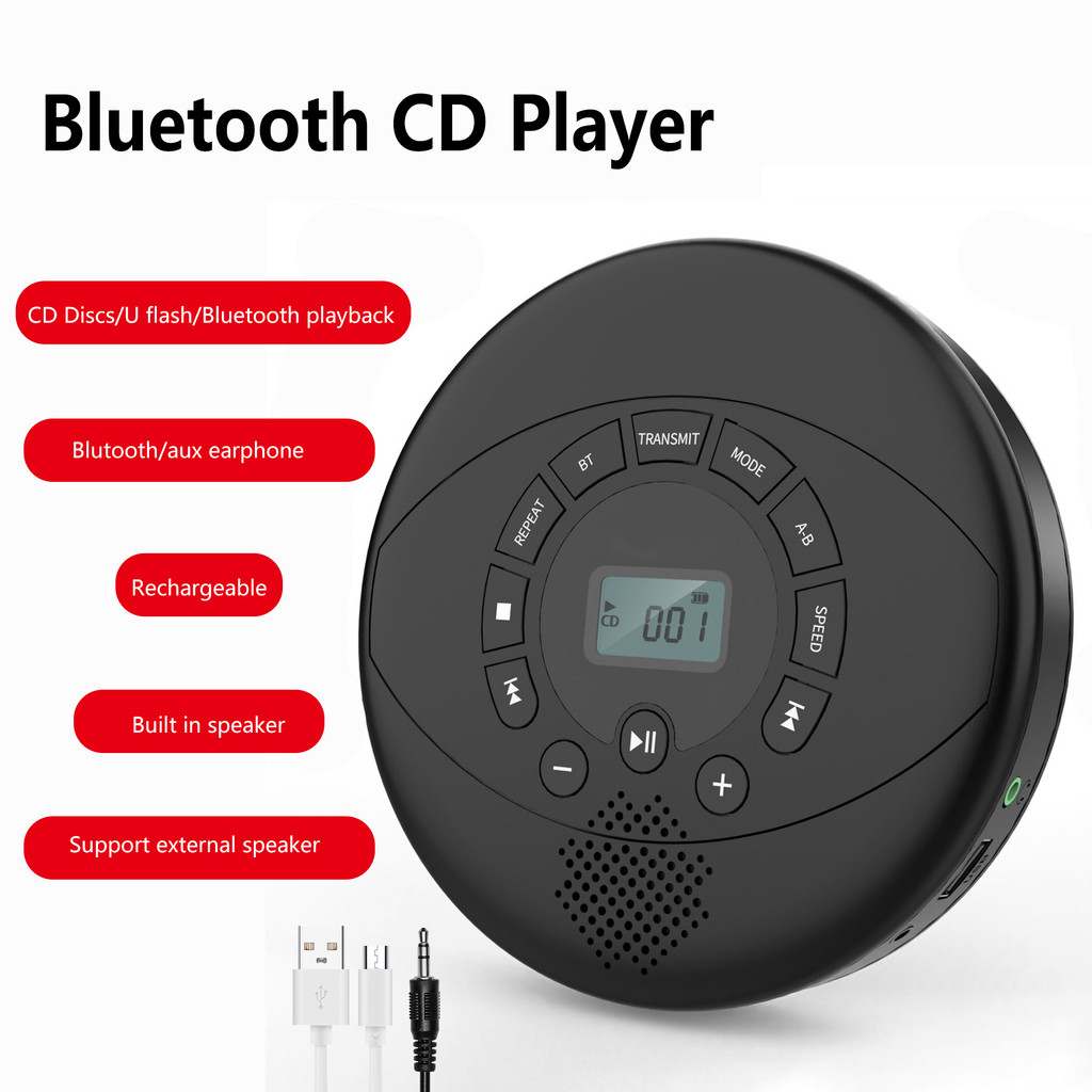 Portable CD Player Bluetooth CD Walkman Built in Speakers Rechargeable CD Player with USB/AUX/Headph