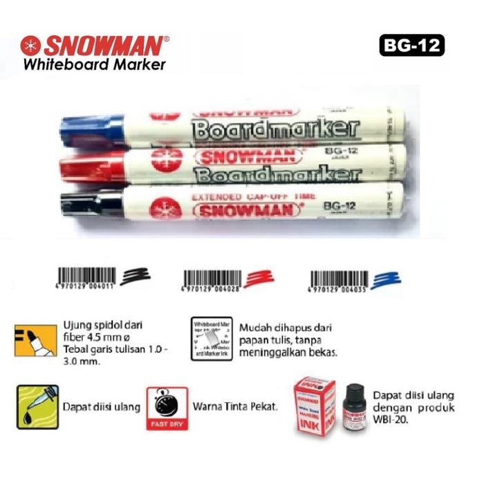 

Ready- Spidol Whiteboard Papan Tulis Snowman Bg-12 Marker Warna Hitam, Biru, Merah (Bisa Dihapus)