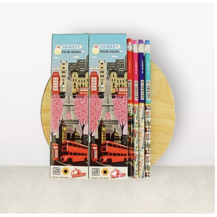 

ID PENSIL 2B DENGAN PENGHAPUS MERK SQUEEZY PK2B-SQ309 KARAKTER PARIS LONDON ISI 12 PCS / BOX