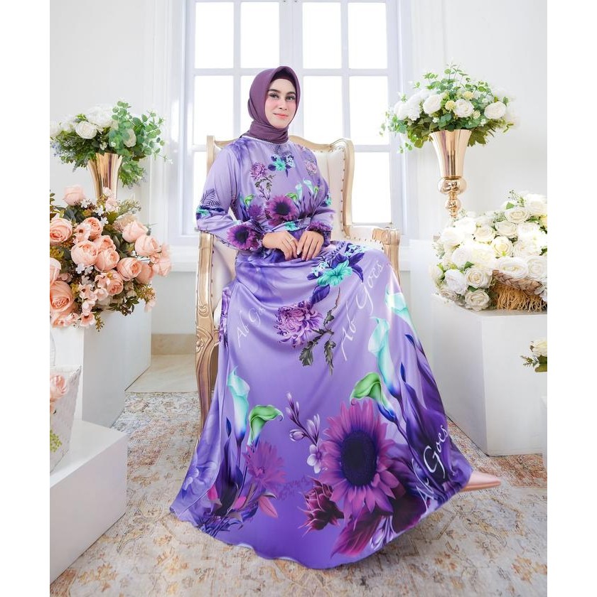 Zahra- Gamis Bkk Satin Silk Import Belleza / Dress Fashion Terbaru Printing Motif