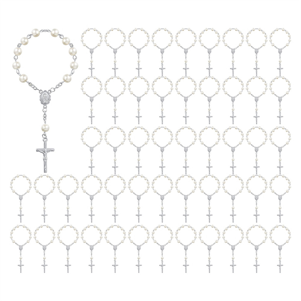 Beauty 50 Packs Baptism Favors Acrylic Rosary Beads Faux Pearls with Organza Bags Baptism Favor for 