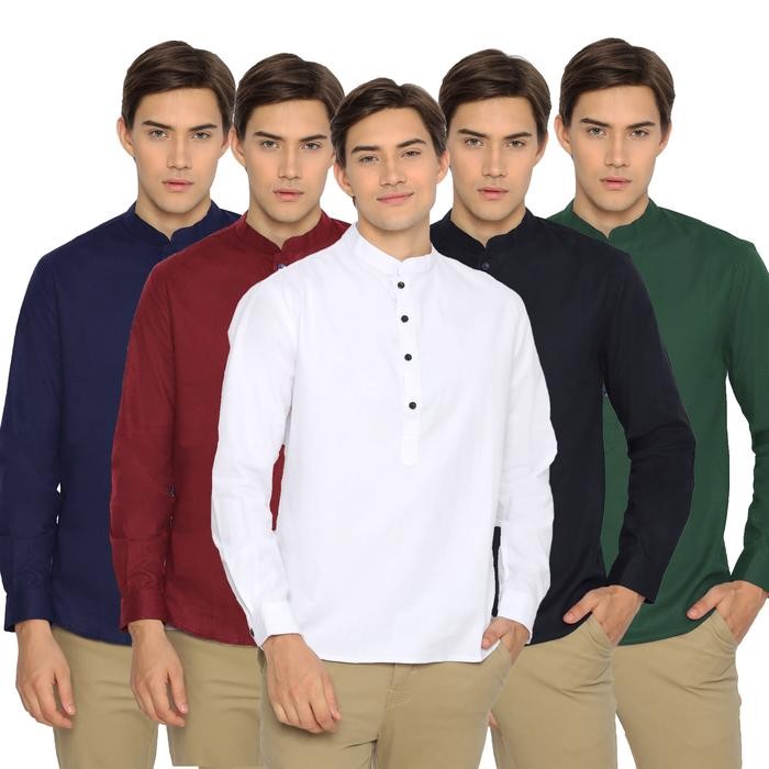[NAFAZOL] Koko Pria Lengan Panjang Koko Tunik Pria Dewasa Katun Soft Blue Polos 3200