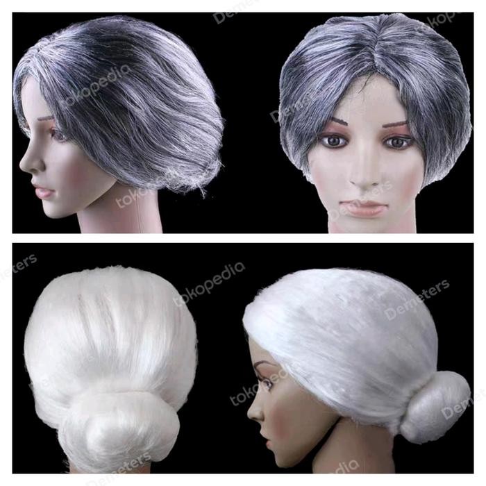 Wig rambut palsu putih abu uban sanggul nenek orang tua lansia cosplay