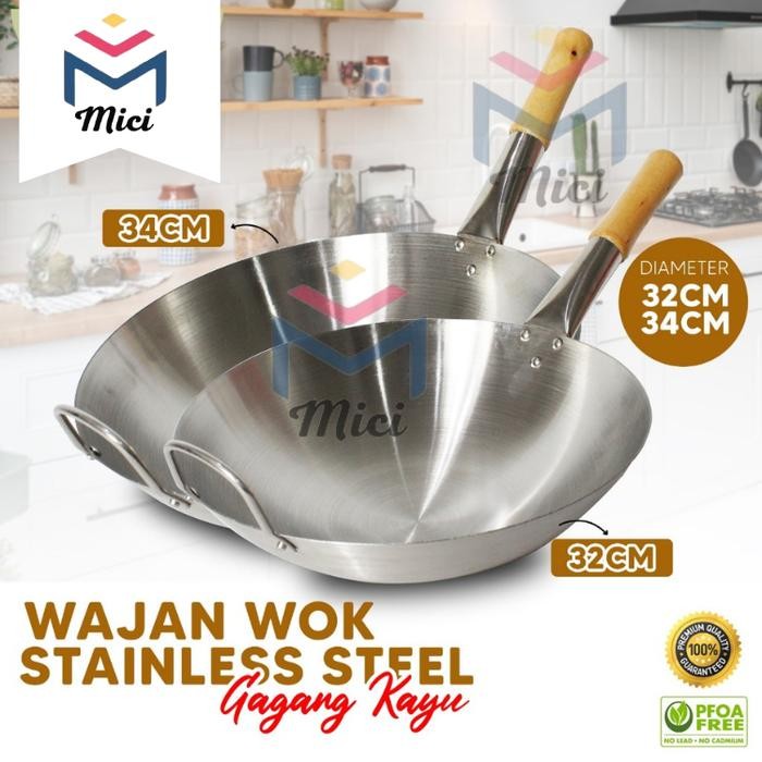 MICI Wajan Stainless Steel Gagang Kayu Anti Panas / Wajan Stainless Steel Gagang Kayu Anti Lengket /