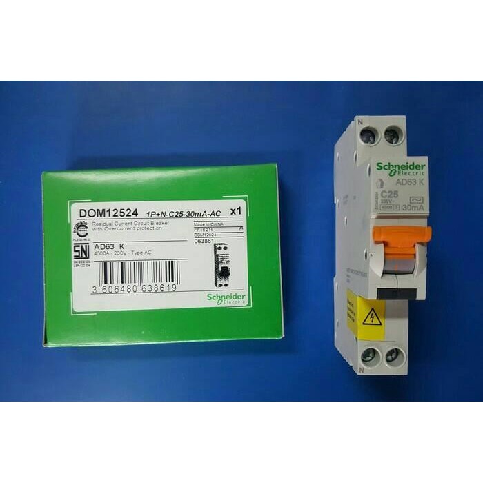 Stok Terbatas Schneider Rcbo/Elcb 1P+N 25A/Rcbo Slim 1P+N 25A 30Ma Domae Schneider