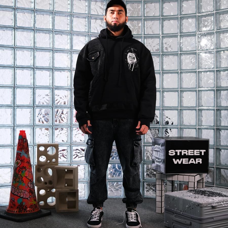 MAJEEDxTAByTRZ Vision Oversized Hoodie Mix Denim