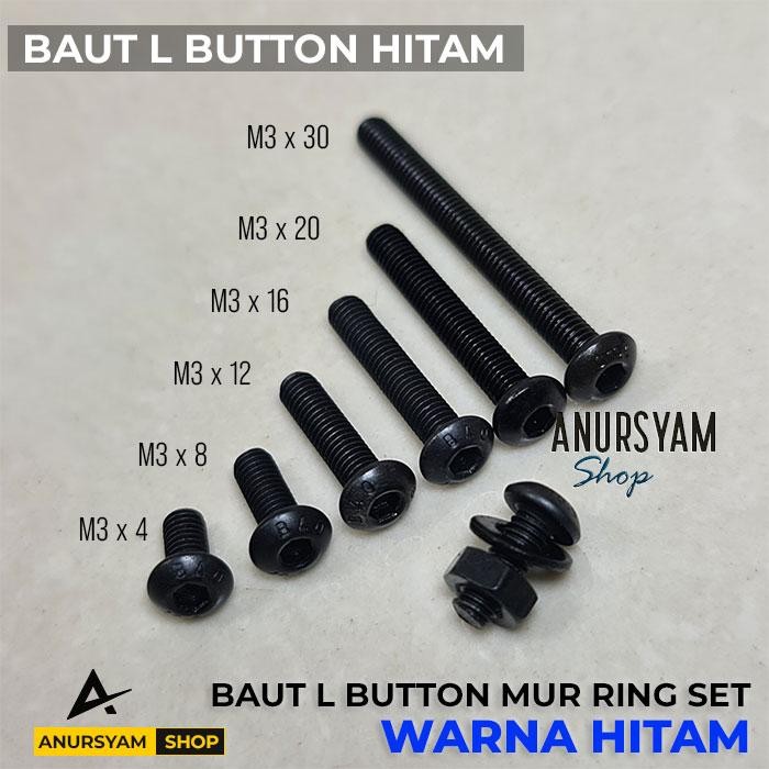 PREMIUM [Paket 10 Set] Baut Button L M3 Mur Ring Set Baut L Button M3 Hitam