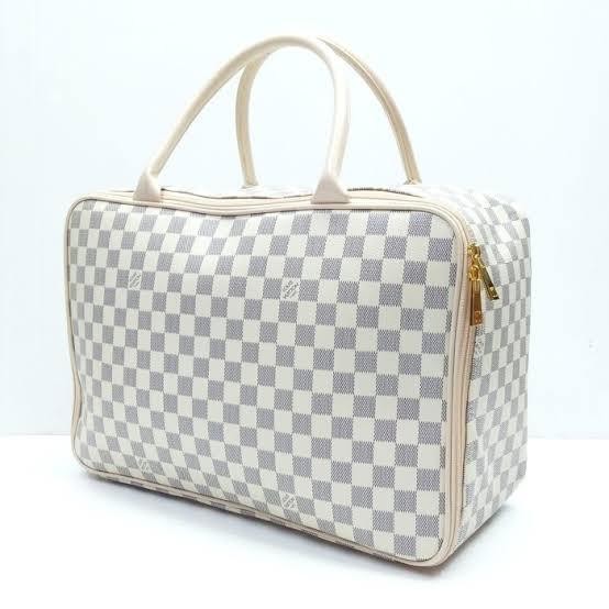 Travel Bag Kulit Waterproof Motif Kotak Warna Cream / Tas Travel Bag Catur / Tas Koper / Tas