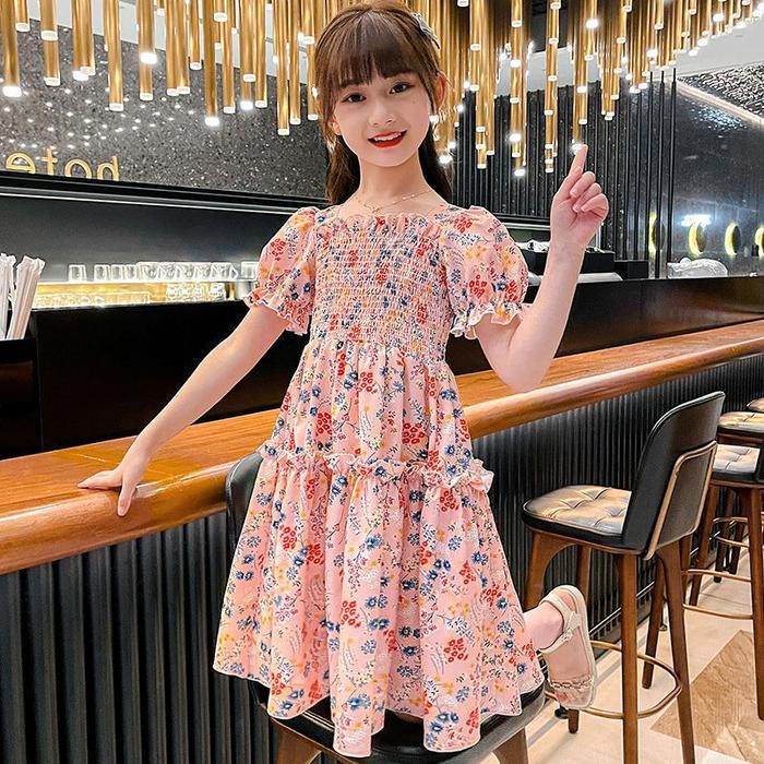 ( 3-12 Tahun) Gaun Korea Musim Panas Anak-anak Kecil Gadis Putri Gaun Lengan Pendek Bunga Gaun