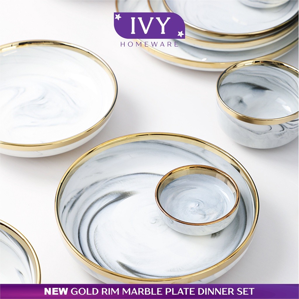 Bombardilomedis [Ivy] Model Piring Mangkok Makan Keramik Ceramic Bowl Cantik Motif Marmer Marbel