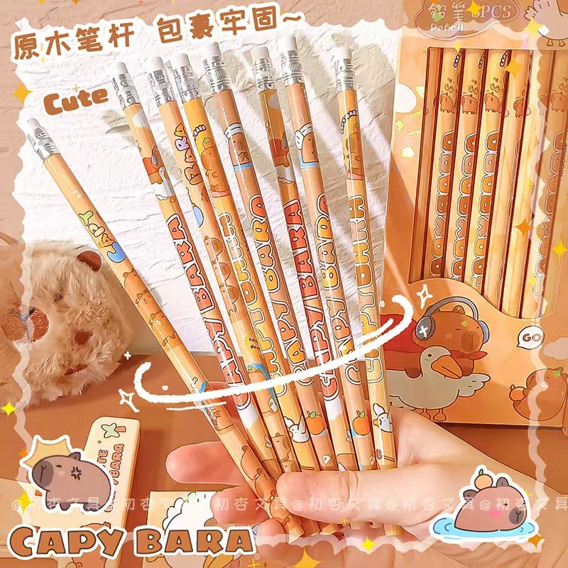 

2Box Kawaii Cartoon Capybara Wood Pencil With Eraser Writing Drawing Tool School Office Supply