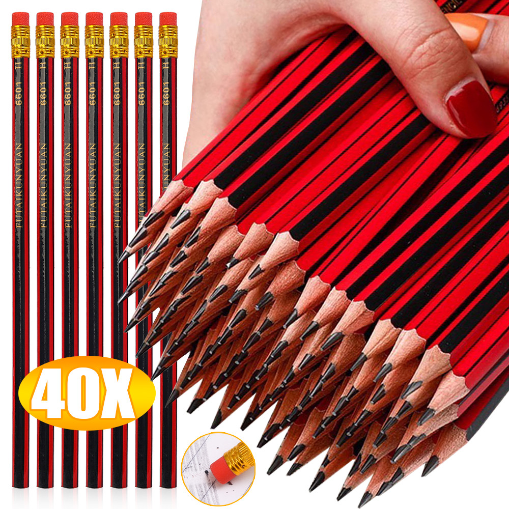 

40/30/10Pcs Wooden Lead Pencils With Eraser Student Children Painting Drawing Hexagonal Grip Pencil