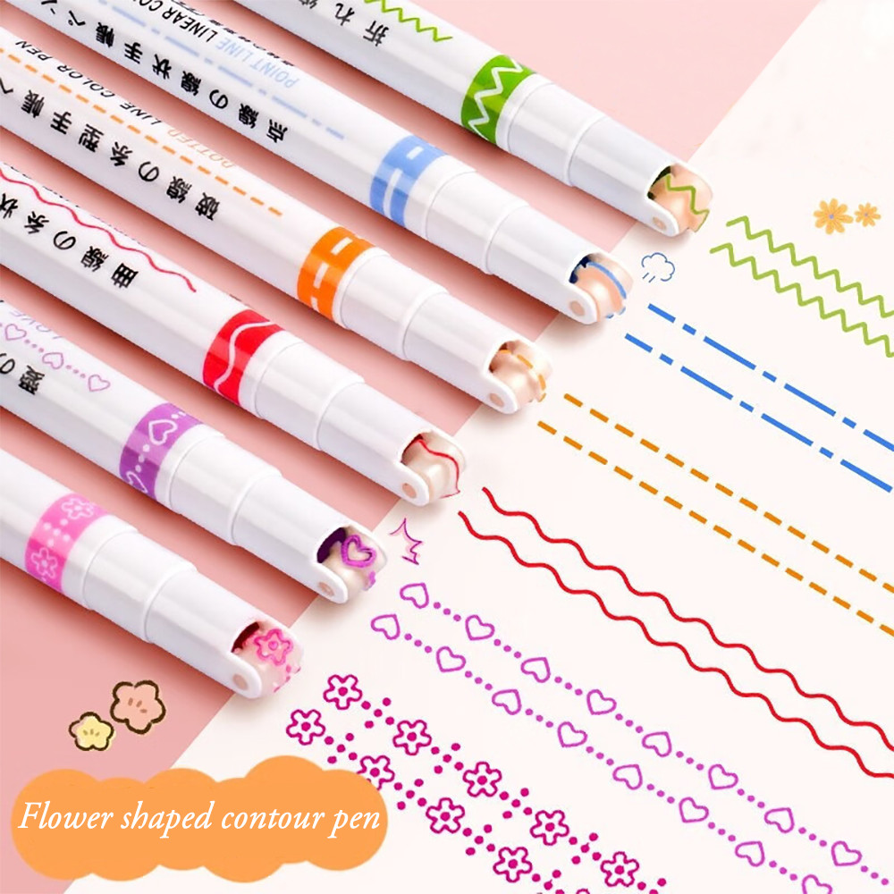 

6Pcs/Set Flower Line Shape Highlighter Pen Roller Tip Curve Liner Marker Quick Dry Mark Notes
