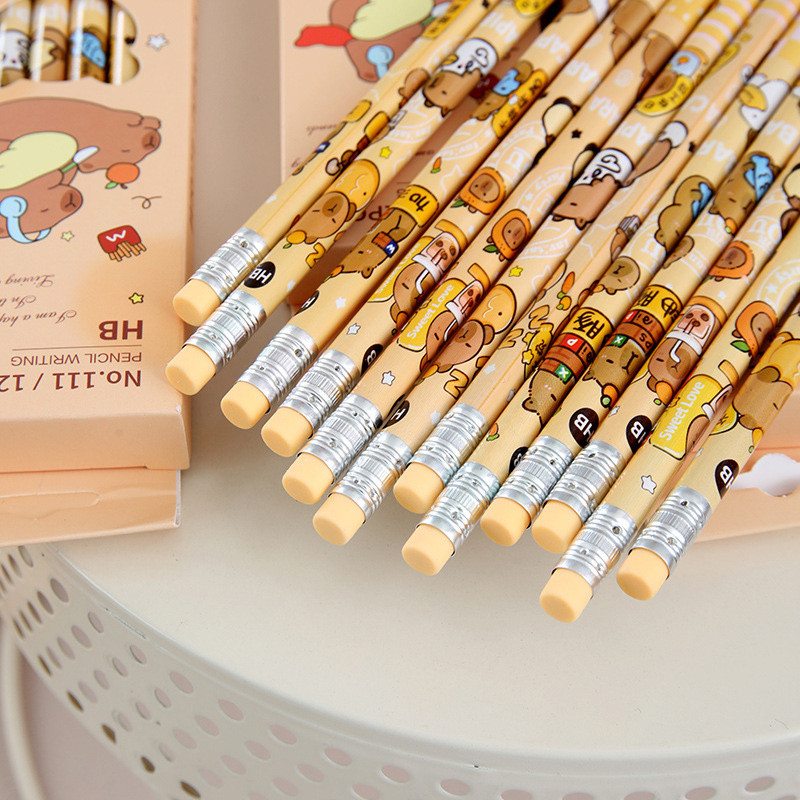 

12Pcs Cartoon Cute Capybara Pencil With Eraser Creative Kawaii Pencil Office Supplies Student