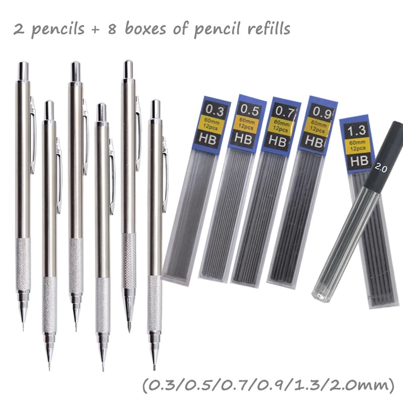 

Hb Metal Mechanical Pencil Set, 0.3/0.5/0.7/0.9/1.3/2.0 Art Painting Automatic Pencil (2 Pencils + 8