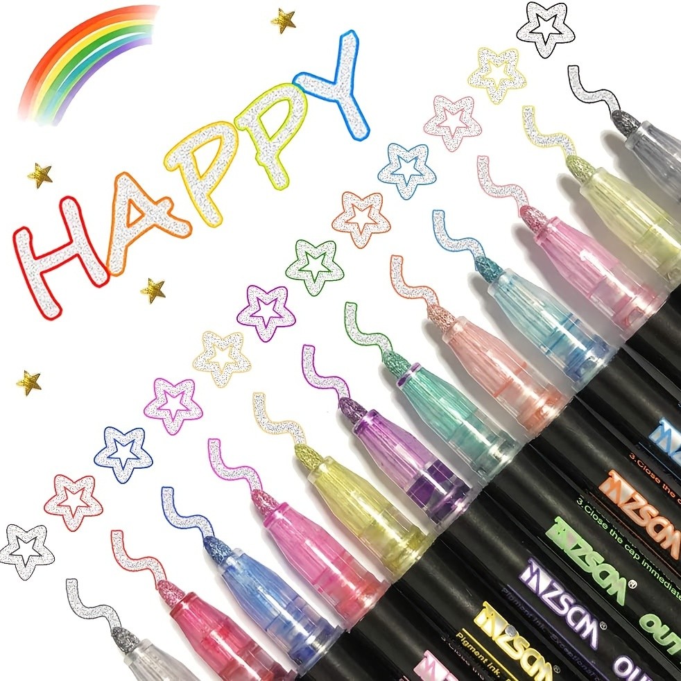 

12 Colors Outline Metallic Markers Pens, Super Squiggles Double Line Pen, Magic Glitter Drawing Pens
