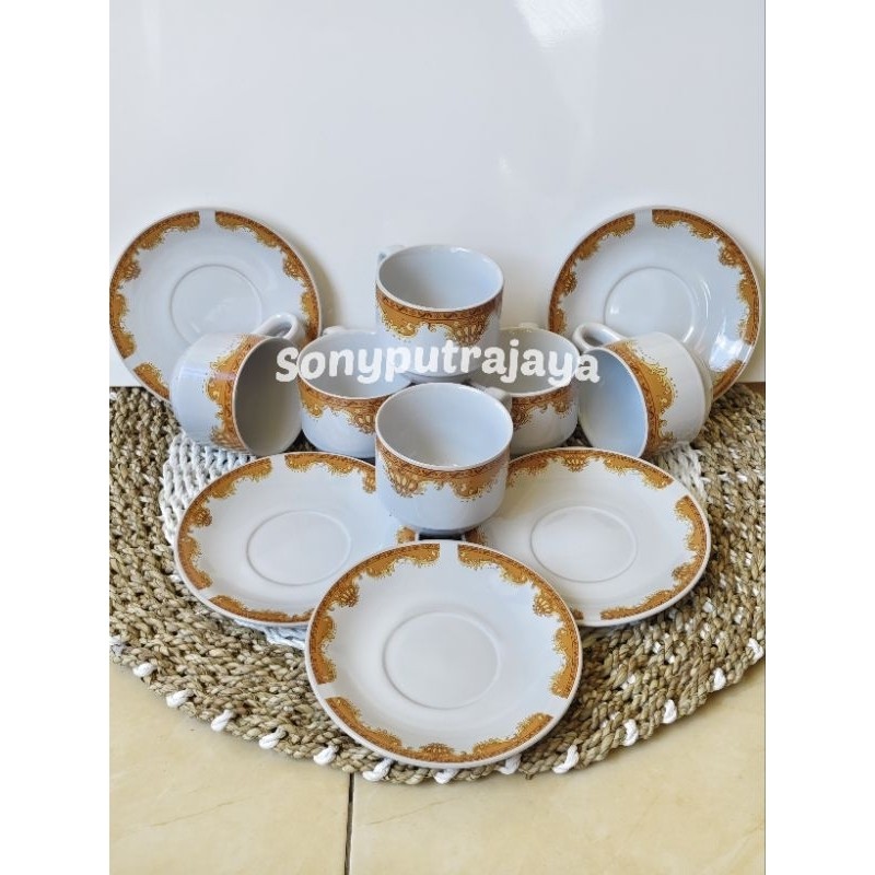 Terapitrendy Cangkir Set Keramik Mahkota Isi 6 Tatakan + 6 Cangkir Gelas Kopi/Teh Gelas Kado Dan