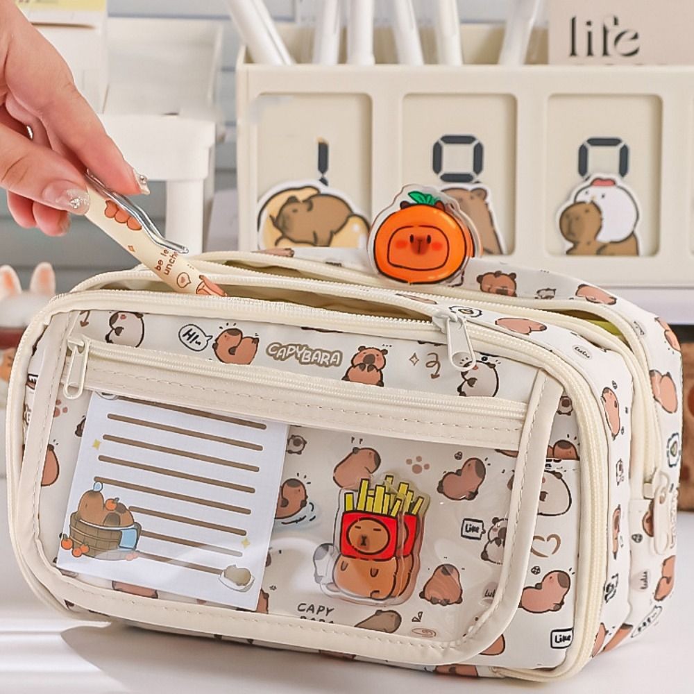 

Multi Layer Capybara Stationery Bag Transparent Pencil Case Canvas Black Cat Pencil Bag Large