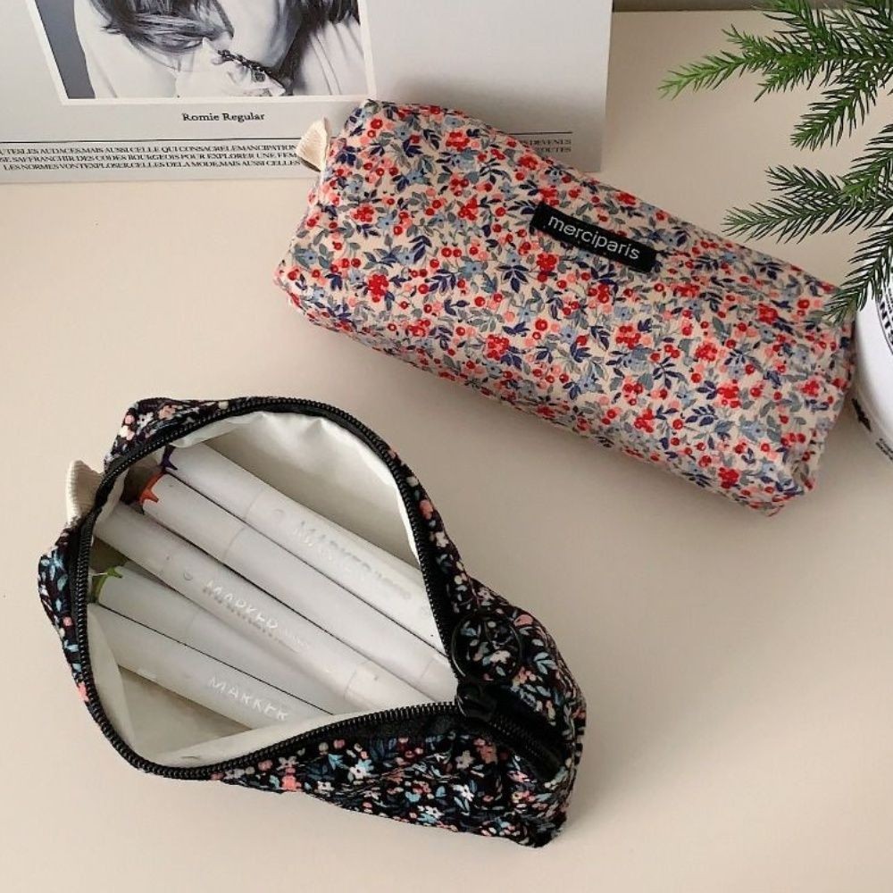 

Vintage Floral Corduroy Pencil Bag Small Flowers Pen Cases Large Capacity Stationery Bag