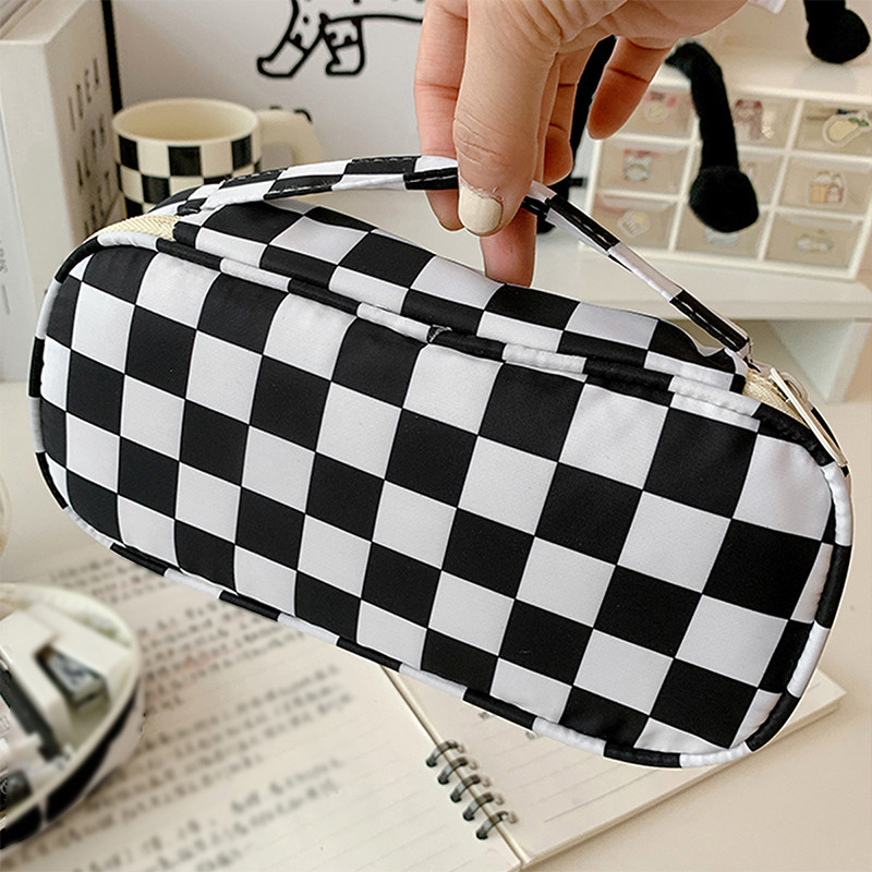 

1 Pc Simple Large Capacity Black And White Plaid Pencil Case Portable Canvas Pencil Bag School