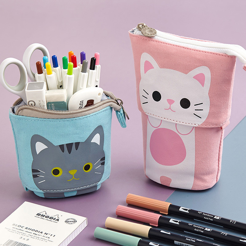 

Canvas Cartoon Cute Pencil Bag Retractable Fabric Pencil Case Fold Standing Holder Kawaii Stationery