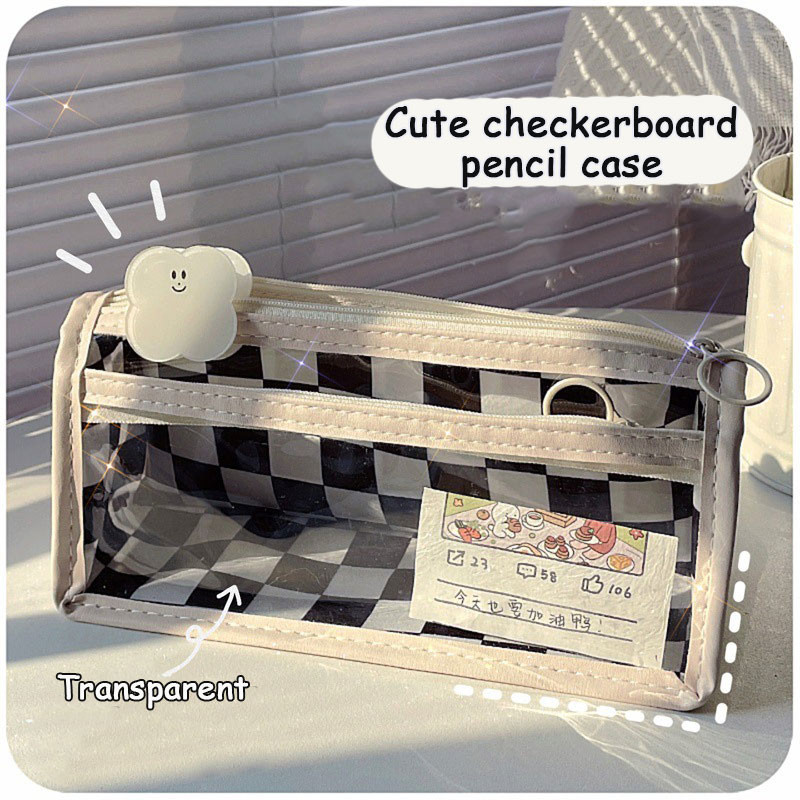 

Kawaii Pencil Case Checkerboard Lattice Large Capacity Canvas Pencil Bag For Students Multifuncional
