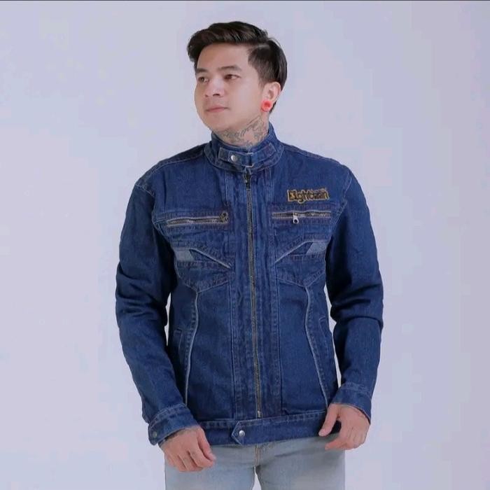Wearon- Jaket Jeans Gesper Blue Resleting Denim Panjang Pria Casual Kekinian Formal Cowok