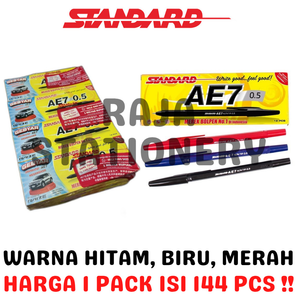 

STANDARD AE7 0.5 BLACK BLUE RED BALL PEN BOLPEN PENA PEN STANDARD AE7 HITAM BIRU MERAH 0.5 LUSIN BOX PACK GROSS [144PCS] - RAJA BIGBOX