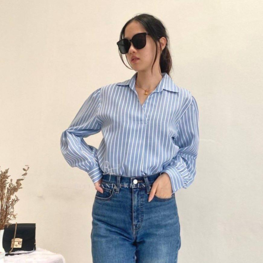 [READYY] VIOLETA Kemeja Stripes Salur / Blouse Wanita Cotton Casual Look / Atasan Kemaja Kantor