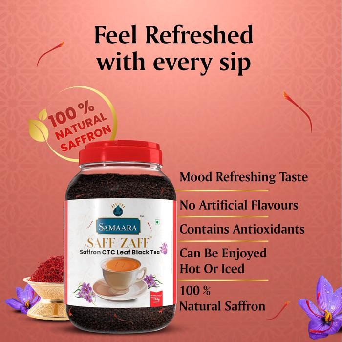 

SAMAARA TEA SAFF ZAFF SAFFRON CTC LEAF BLACK TEA JAR (250G) TEH INDIA