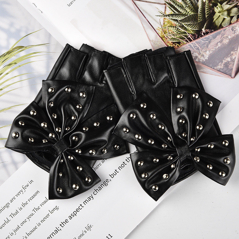 Women'S Bow Rivet Gloves Pole Dancing Bar Performance Half Finger Gloves Nightclub Dance Stage Show