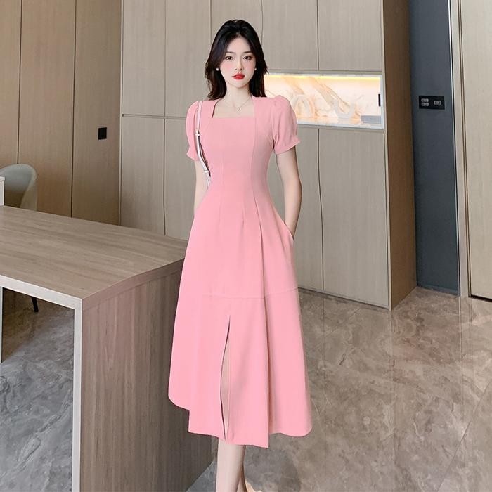 Clavie- 7868 Elegant Pink Long Dress Formal Korean Style Vintage Big Size Floral Dress Cantik