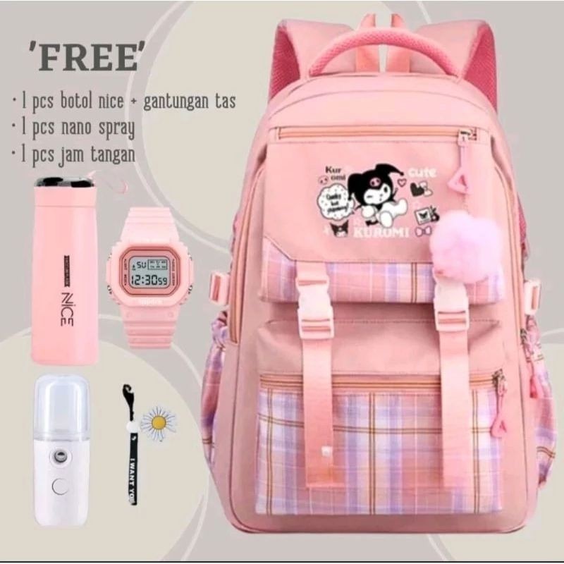PROMO / Tas Ransel Anak Perempuan Kuromi Bags Tas Sekolah Anak Free Botol Minum Nano Spray Jam